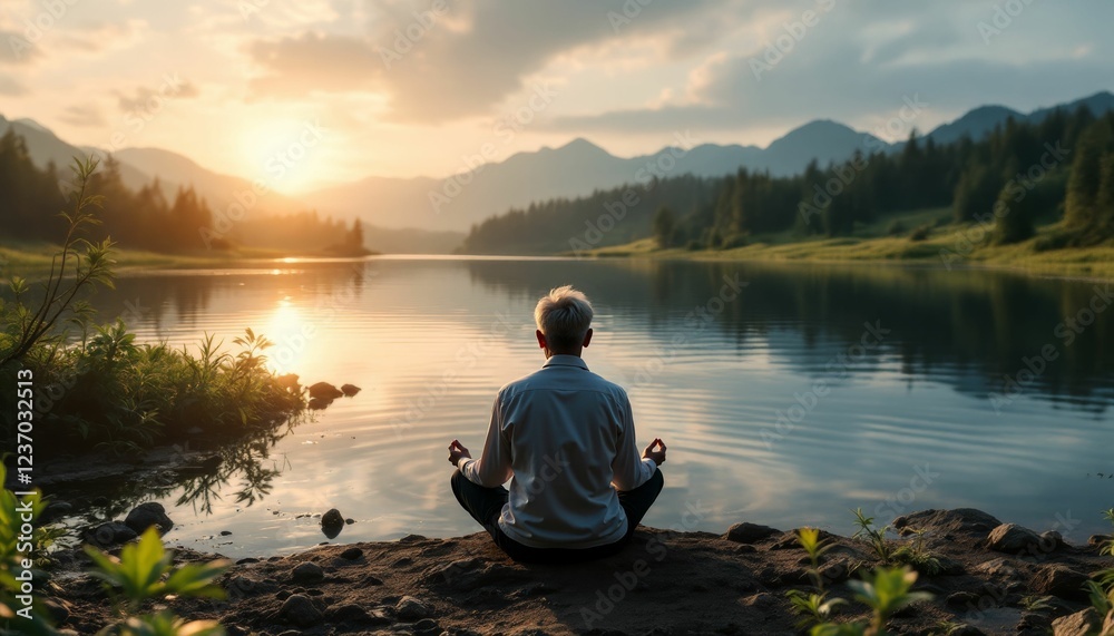 Serene meditation at sunrise by the still lake surrounded by mountainous landscapes Serene meditation at sunrise by the still lake surrounded by mountainous landscapes