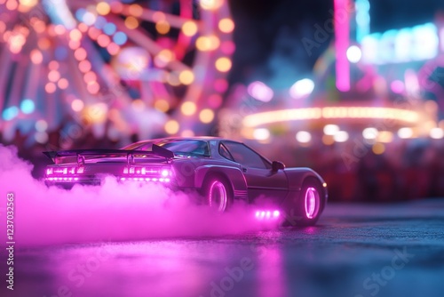 A drifting car emits glowing underbody lights, performing impressive stunts at a lively urban carnival surrounded by blurred amusement rides and an enthusiastic crowd cheering loudly