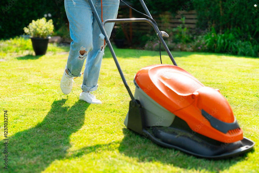 Individual mowing a green lawn with electric mower on a sunny day in a residential yard