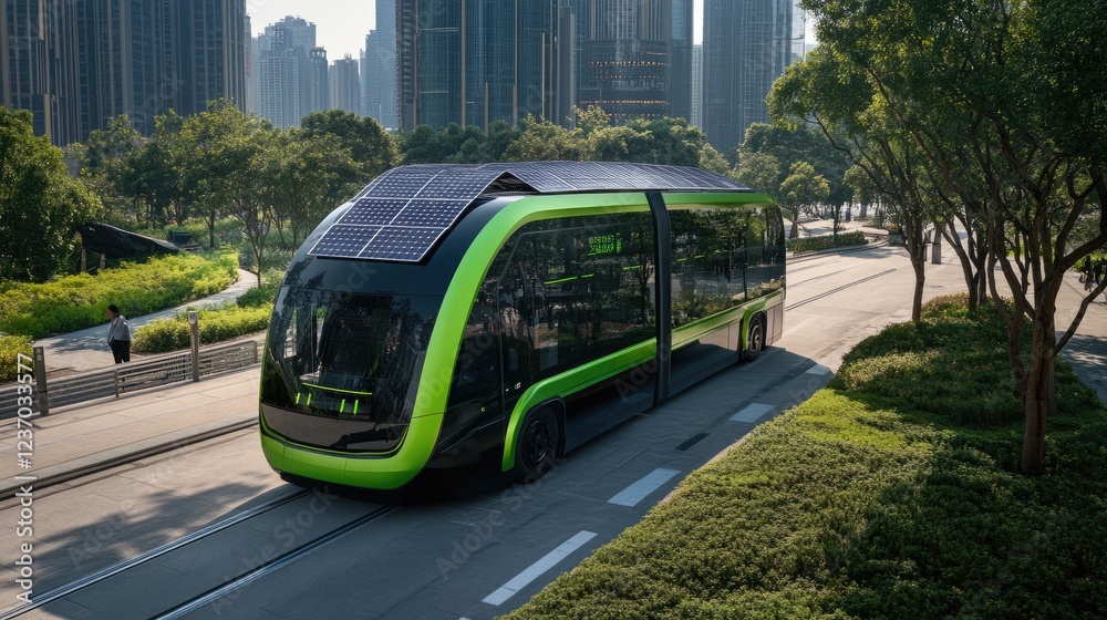 Obraz premium Green Solar Powered Electric Bus Traveling City Street
