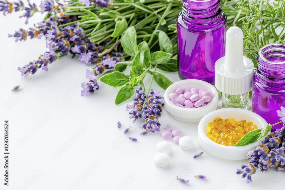 Lavender flowers and essential oils with assorted herbal supplements create calming atmosphere Lavender flowers and essential oils with assorted herbal supplements create calming atmosphere