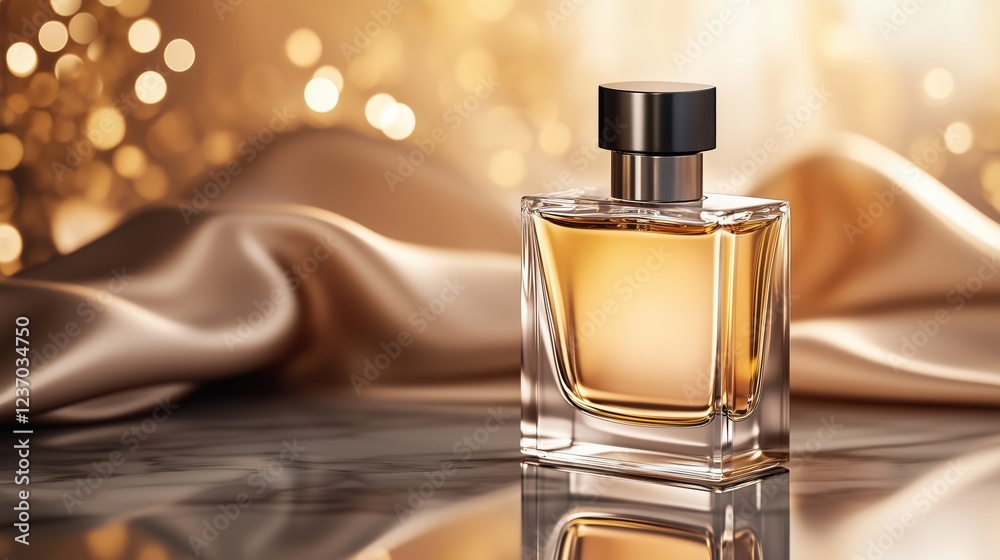 Elegant perfume bottle with a minimalist design resting on a marble surface, complemented by a luxurious silk drape and warm golden bokeh in the background Elegant perfume bottle with a minimalist design resting on a marble surface, complemented by a luxurious silk drape and warm golden bokeh in the background