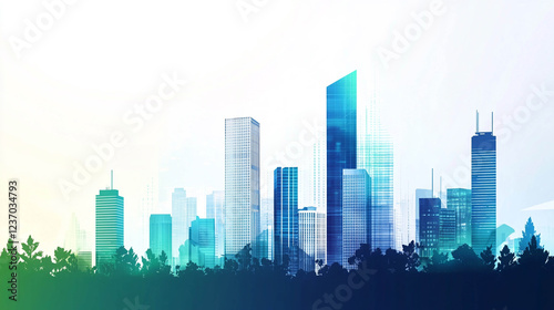 Wallpaper Mural An abstract image of an urban landscape, made in a blue-green color scheme. Silhouettes of high-rise buildings are painted on a light background, as if through a light haze or fog. Torontodigital.ca