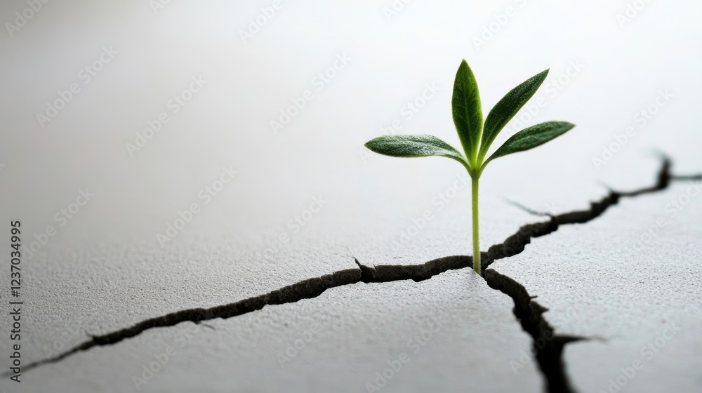 Fototapeta premium A small green plant emerges resiliently from a cracked surface, symbolizing hope and perseverance in the face of adversity, under soft lighting.
