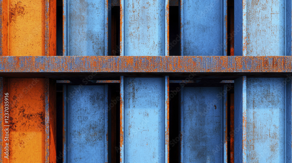 Rusty blue and orange metal panels create striking industrial pattern Rusty blue and orange metal panels create striking industrial pattern