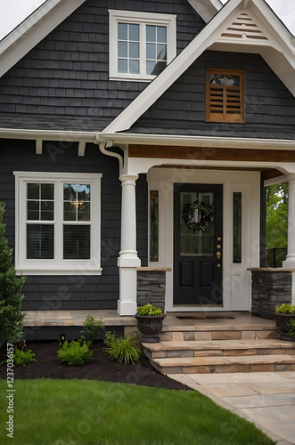 Wallpaper Mural Modern Gray House Exterior: Architectural Design and Landscaping. A stunning contemporary home with a gray shingle facade, charming porch, and well-manicured landscaping. Torontodigital.ca