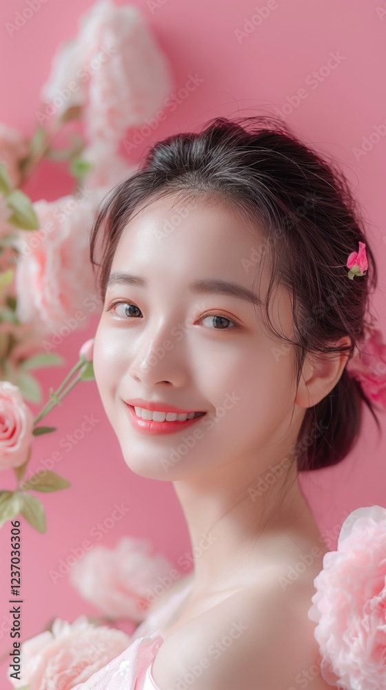 Fototapeta premium young Asian female holding blossoms in portrait gazing at the camera with cheerful bright soft mood copyspace concept of beauty, floristry, wedding planning