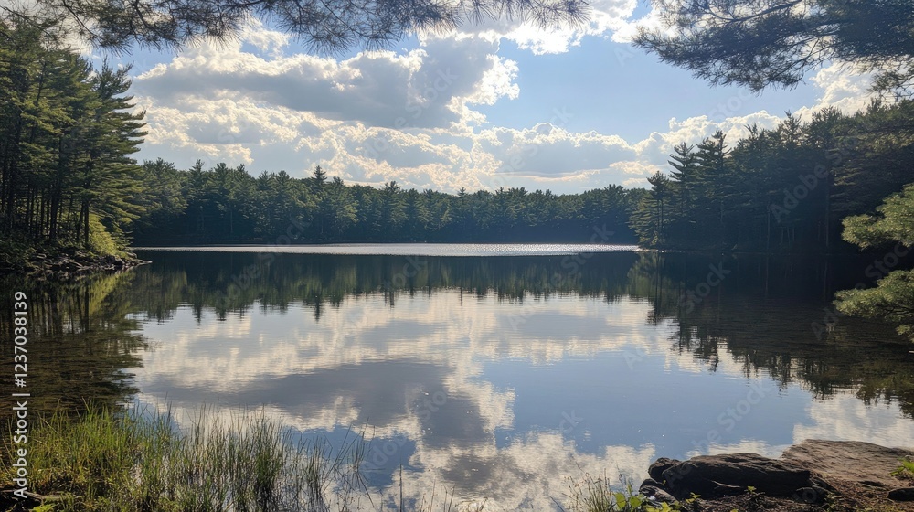 Fototapeta premium Serene Lake Reflected In Calm Waters Under A Cloudy Sky