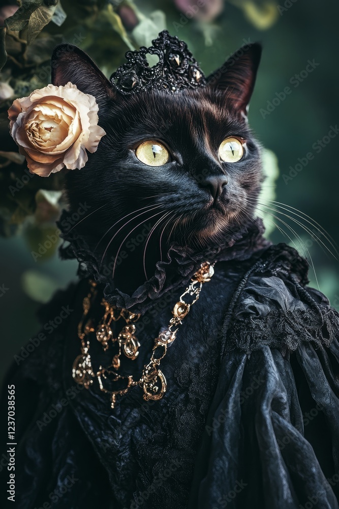 Elegant black cat in royal attire and crown Elegant black cat in royal attire and crown