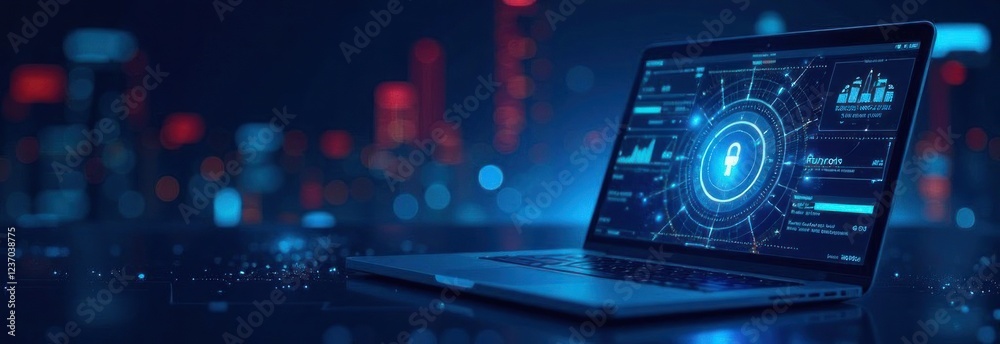 Fototapeta premium Laptop showing security interface in futuristic cityscape