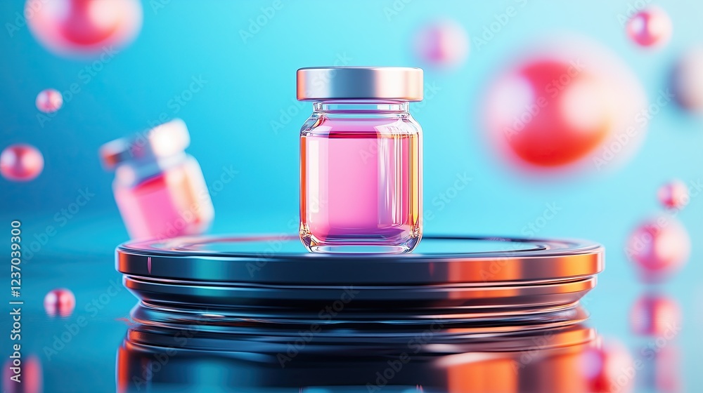 High-resolution product photography of two glowing pink liquid vials on a sleek black platform High-resolution product photography of two glowing pink liquid vials on a sleek black platform