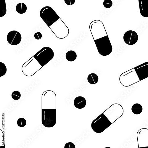 Medical pills seamless pattern. Pills background. Pills and capsules pattern in black and white.  A black and white medical illustration.