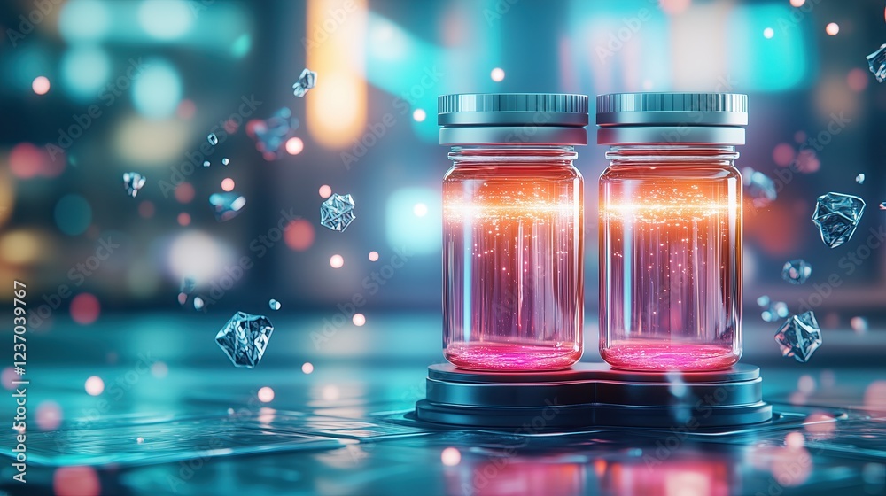 High-resolution product photography of two glowing pink liquid vials on a sleek black platform High-resolution product photography of two glowing pink liquid vials on a sleek black platform
