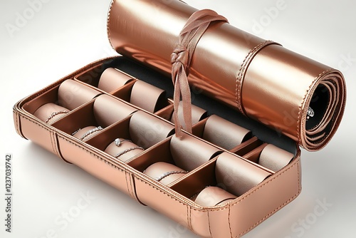 Elegant rose gold leather jewelry roll with individual compartments and a secure tie closure, ideal for travelers with fine jewelry. photo