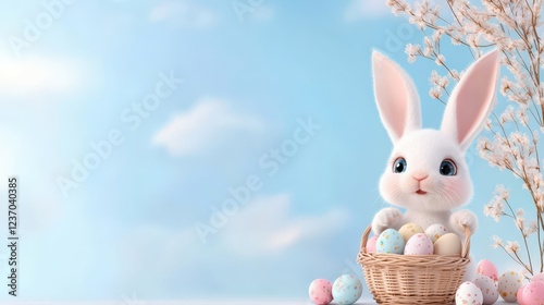 A cute Easter bunny joyfully holding a basket filled with colorful eggs under a sunny blue sky