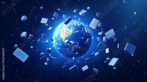 A digital depiction of Earth surrounded by floating debris in space. photo