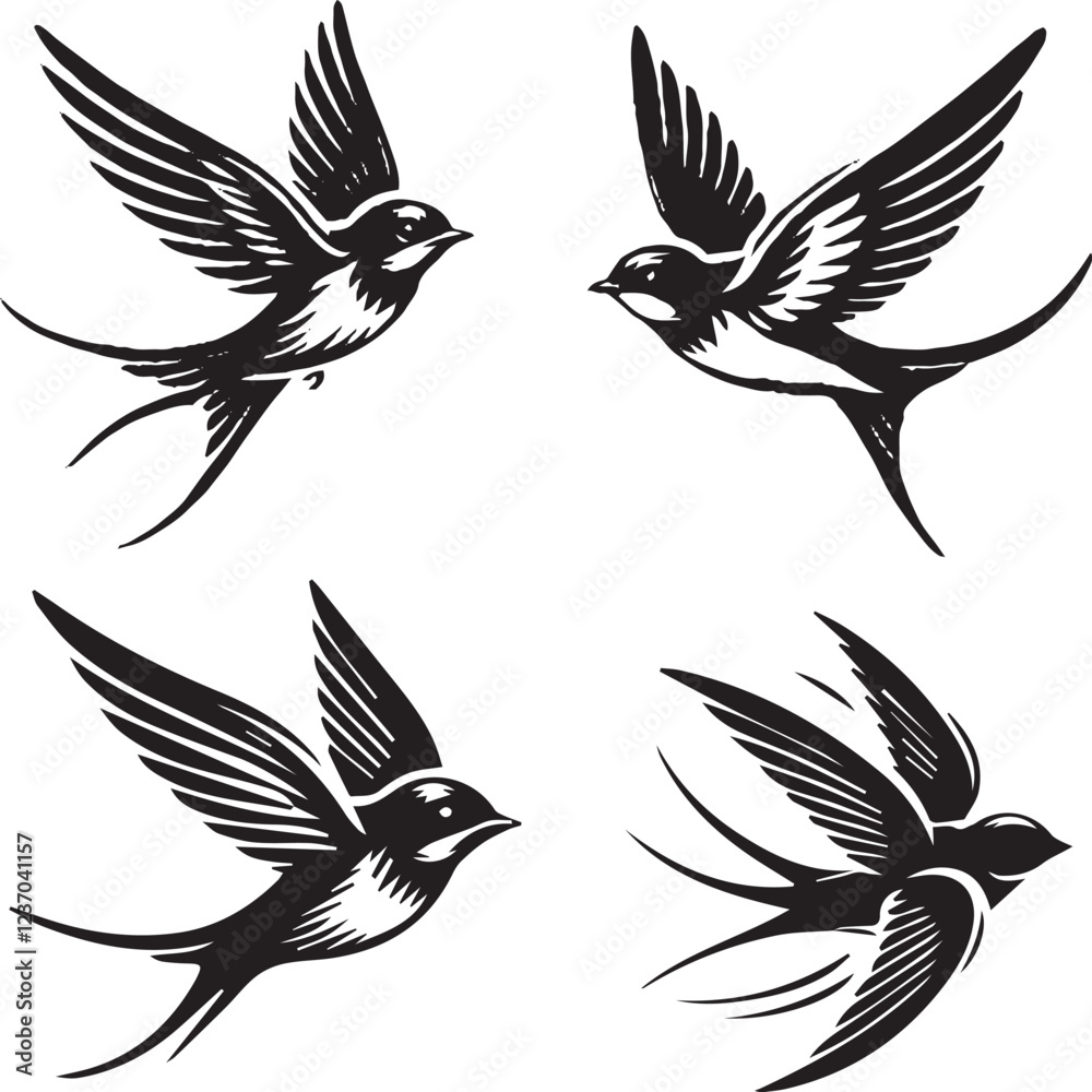 Obraz premium Detailed Black and White Illustrations of Swallows in Flight