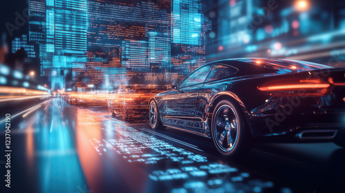 High-Tech Automotive Factory Assembly Line Producing Cars with a Blurred Background of Digital Market Graphs Depicting Global Vehicle Production and Pricing Trends