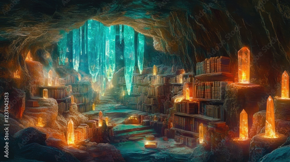 Fototapeta premium Enchanting Crystal Cave Library with Ancient Books