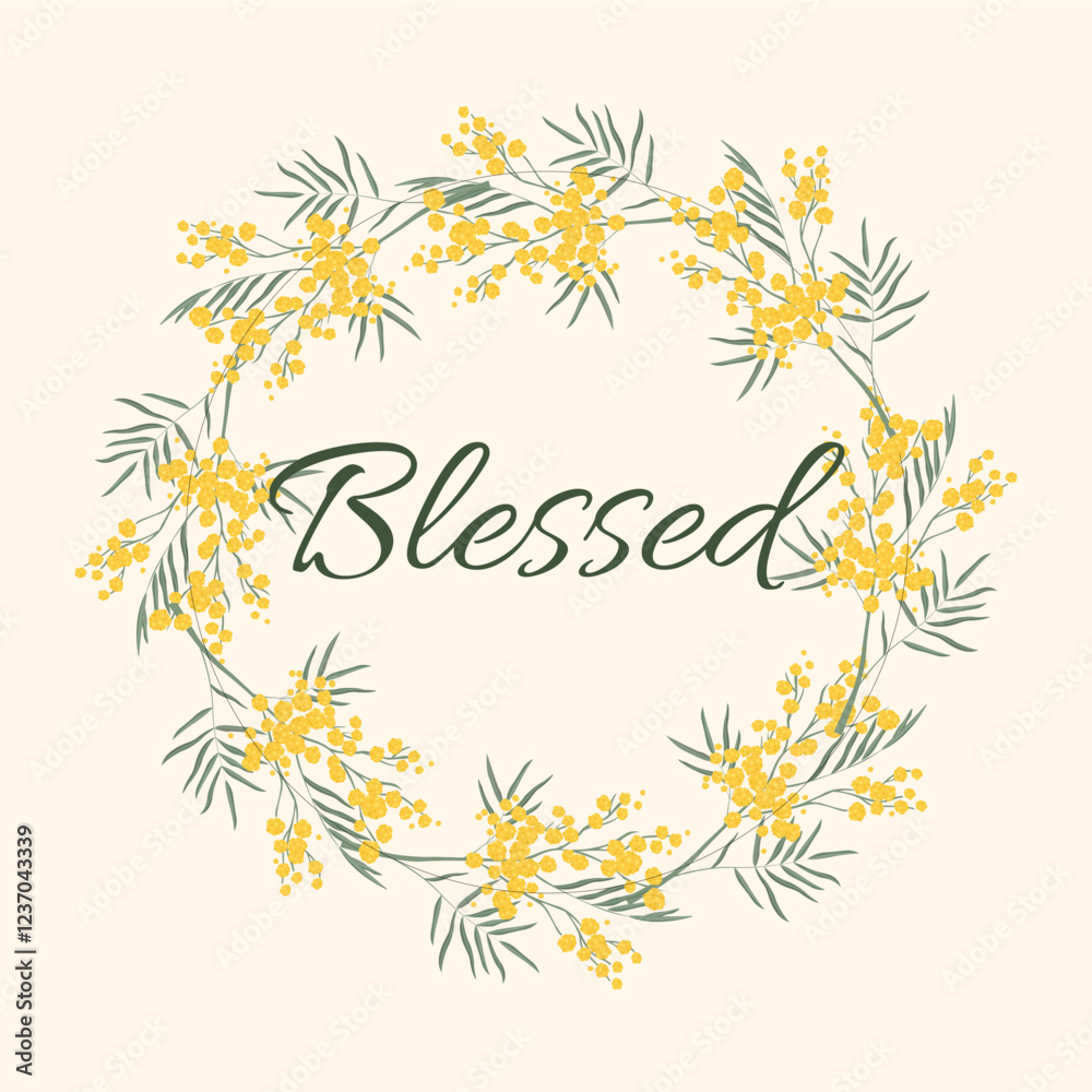 A wreath of mimosa flowers. Spring botanical illustration. Vector. Illustration for greeting cards, posters, tags, invitations, wallpaper design and more. A wreath of mimosa flowers. Spring botanical illustration. Vector. Illustration for greeting cards, posters, tags, invitations, wallpaper design and more.