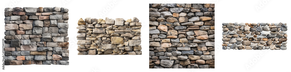 Wall made with stone isolated on transparent background, PNG, Set of Wall made with stone isolated on transparent background, PNG, Set of