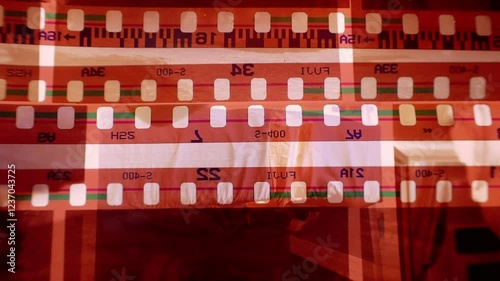 Looping stop motion animation of layered 35mm film strips. Creates a vintage, cinematic background or overlay. Perfect for film projects, intros, or retro-themed visuals.