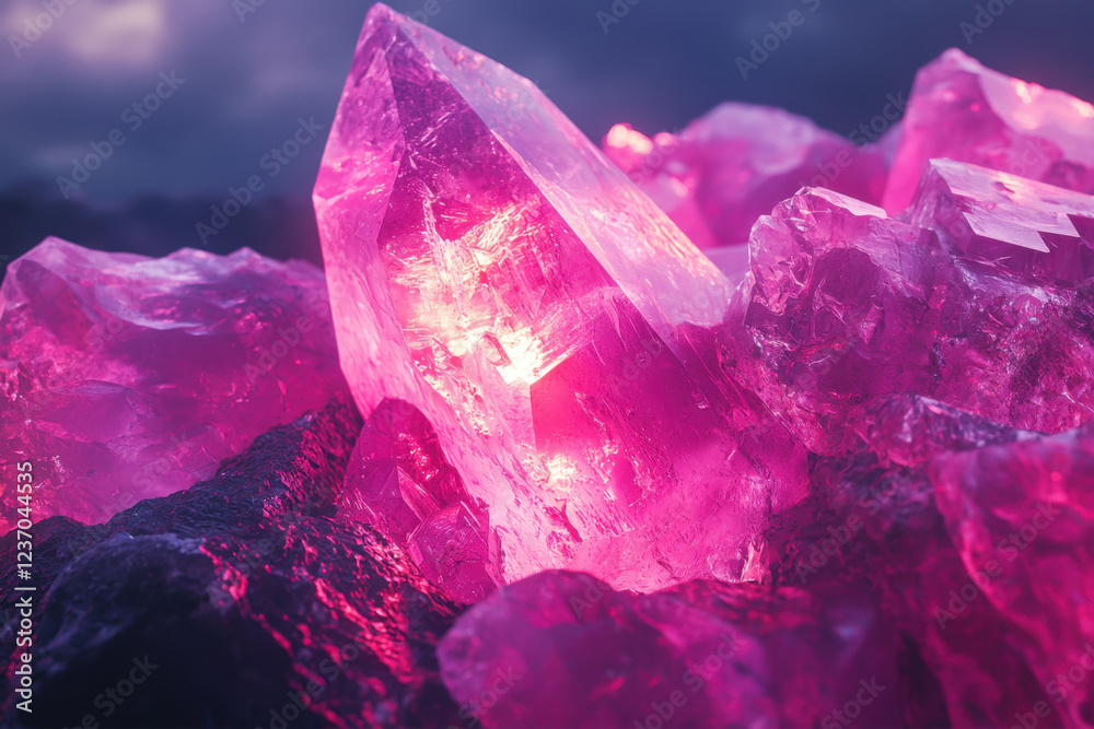 Glowing vibrant pink quartz cluster with luminous radiant edges Glowing vibrant pink quartz cluster with luminous radiant edges