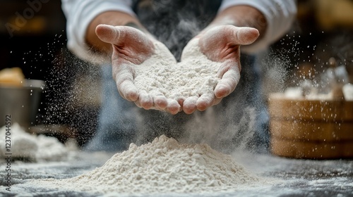 A dynamic image of hands pouring flour, illustrating the art of cooking and the essence of culinary preparations in a warm, inviting kitchen environment. photo