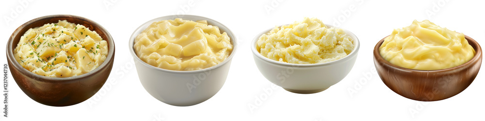A bowl of creamy mashed potatoes isolated on transparent background, PNG, Set of A bowl of creamy mashed potatoes isolated on transparent background, PNG, Set of