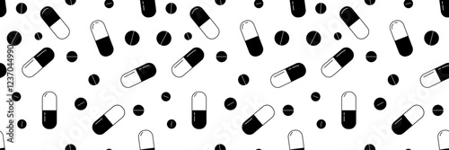 Medical pills seamless pattern. Pills background. Pills and capsules pattern in black and white.  A black and white medical illustration.