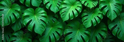 Vibrant green monstera leaves creating lush tropical backdrop photo