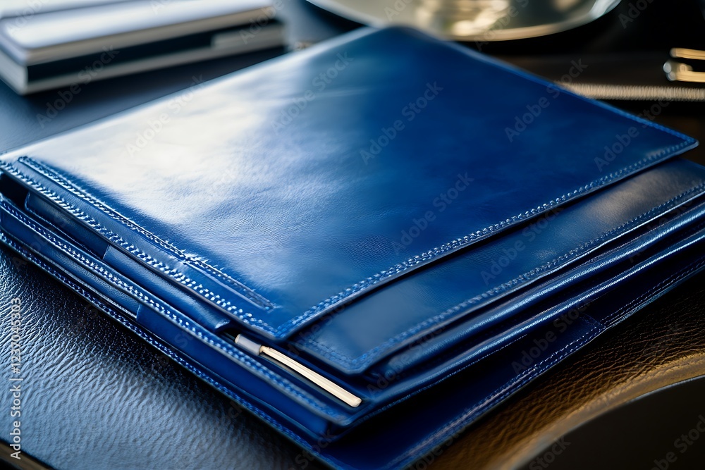 Fashion-forward indigo leather portfolio with a glossy finish and organized compartments, perfect for creative professionals. Fashion-forward indigo leather portfolio with a glossy finish and organized compartments, perfect for creative professionals.