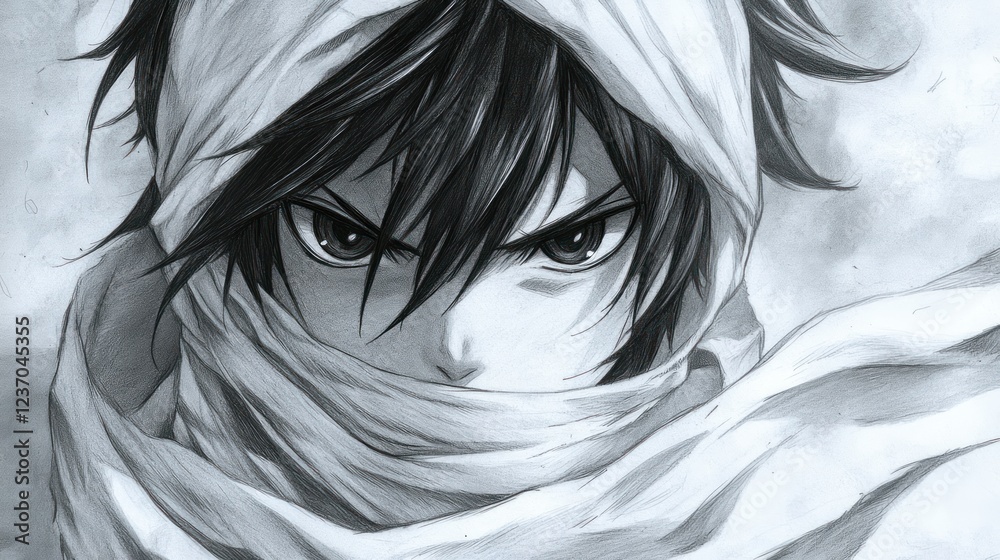 Fototapeta premium Angry Anime Boy Desert Scarf Stormy Background