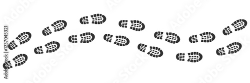 Black shoes prints footpath. Sneakers silhouettes path. Steps or footprints of walking person. Human steps traces. Vector illustration isolated on white background.