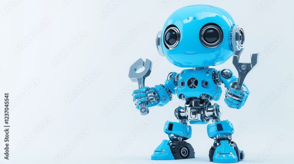 3D image of a cute blue robot holding a wrench, isolated on white background. 3D image of a cute blue robot holding a wrench, isolated on white background.