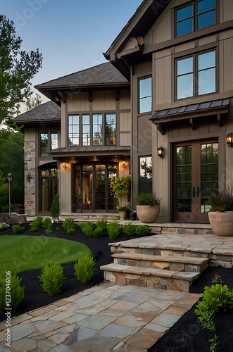 Luxury Modern Home Exterior: Stone and Wood Architecture Design.  Elegant Residence with Landscaped Pathway and Stunning Facade.