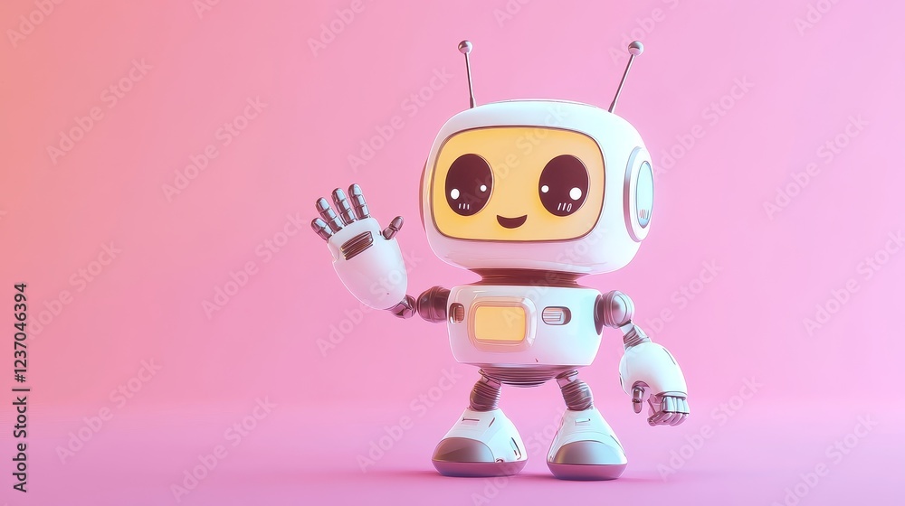 Adorable friendly robot waves cheerfully in this cute cartoon illustration. Adorable friendly robot waves cheerfully in this cute cartoon illustration.