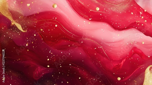 luxurious abstract Valentine's Day background with rich red and burgundy tones, adorned with delicate golden foil speckles and fluid marble-like textures, creating a refined and artistic aesthetic.