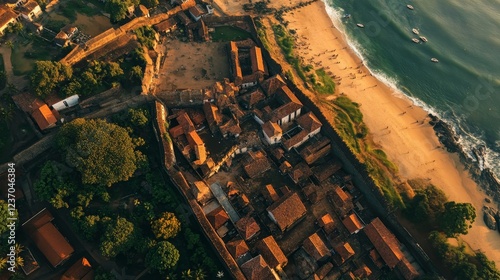 A bird's-eye view of the historic Galle Fort in Sri Lanka, showcasing its ancient walls and vibrant city life within.