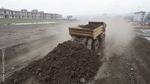 Dump truck hauling soil during construction near buildings