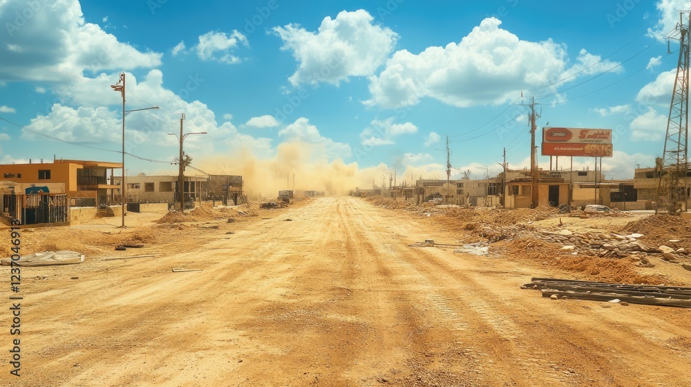Dusty Road Under Construction Amidst Desert Buildings Dusty Road Under Construction Amidst Desert Buildings