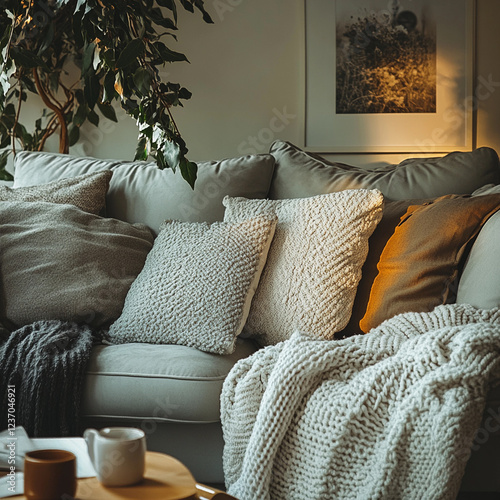 Cozy living room with textured pillows and a warm atmosphere in the evening light