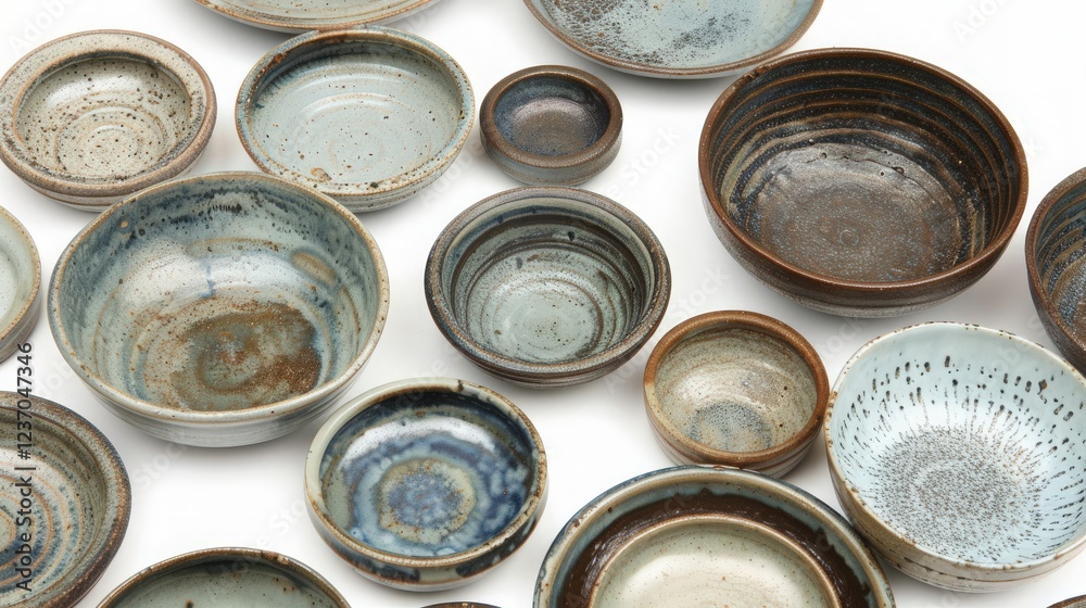 Artisanal Ceramic Plates Arranged in a Chaotic Top View Display Showcasing Unique Textures and Colors