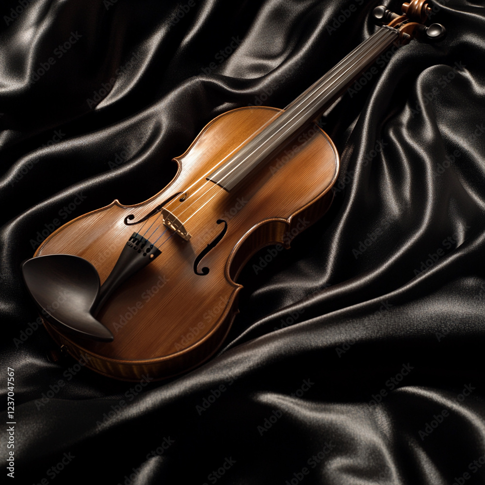 Obraz premium Elegant wooden violin resting on dark satin fabric in soft lighting creates a serene ambiance