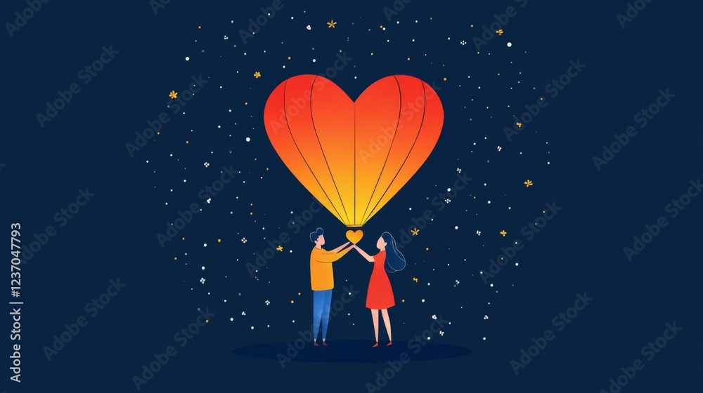 Fototapeta premium Couple releasing a heart-shaped balloon in a night sky.