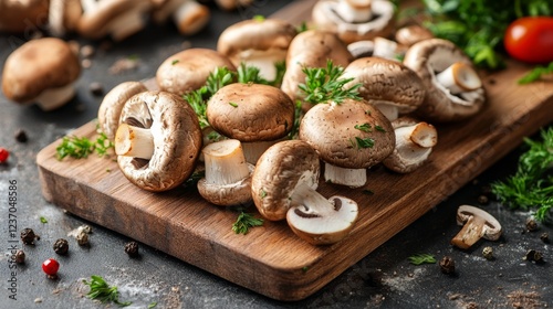 A collection of fresh mushrooms artistically arranged on a wooden cutting board, highlighting their natural textures and earthy tones, perfect for culinary inspirations. photo