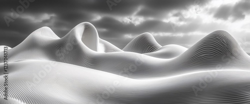 Abstract grayscale landscape of undulating hills under a dramatic sky.
