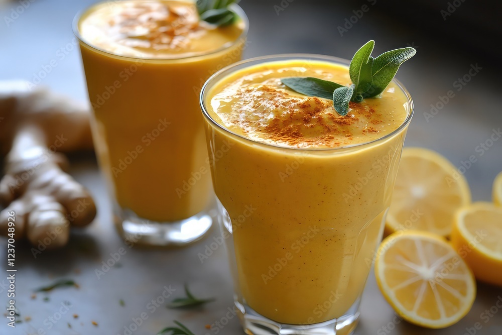 smoothie of orange and yellow served Clean fresh ginger turmeric root smoothie of orange and yellow served Clean fresh ginger turmeric root