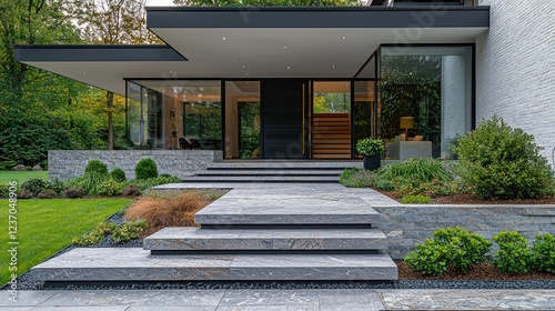 Modern House Entrance with Stone Steps and Landscaping