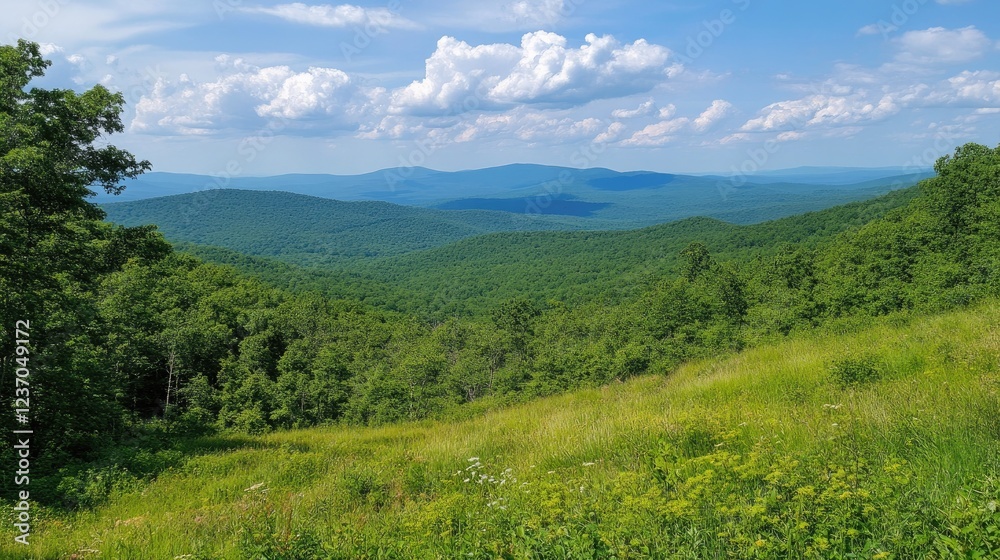 Lush Green Mountain Range Under a Blue Sky Lush Green Mountain Range Under a Blue Sky